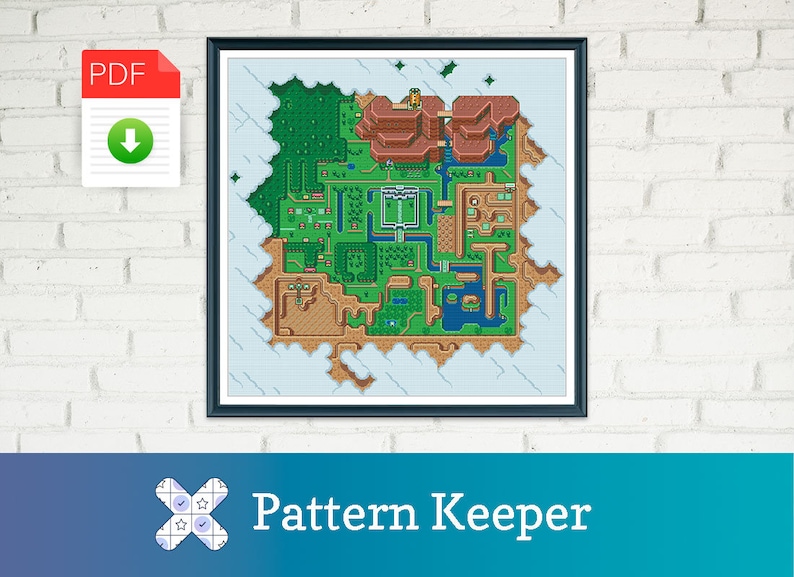 May include: A pixelated map of a video game world, printed on a white background and framed in black. The map features a green landscape with brown paths, blue water, and red buildings. The title "Pattern Keeper" is printed below the frame.