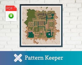May include: A pixelated map of a video game world, printed on a white background and framed in black. The map is a cross-stitch pattern.