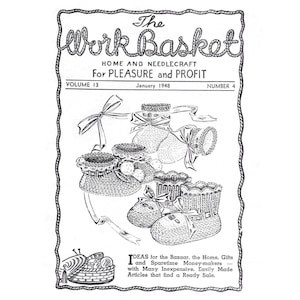 May include: Black and white illustration of the cover of "The Work Basket" magazine. The cover features a decorative border and the title in cursive script. The image includes drawings of knitted items, bows, and text that reads "For Pleasure and Profit."