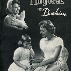 May include: Vintage advertisement for "Angoras by Beehive" featuring three women. The top image shows a woman wearing a scarf and gloves. The bottom image shows a mother and daughter. The daughter is smelling a rose. The mother is wearing a dress. The price is 50p.