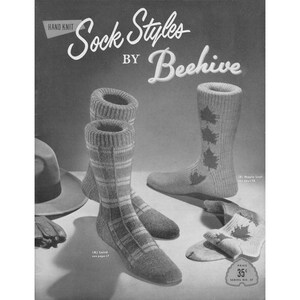 May include: Black and white image of knitted sock patterns. The socks include a plaid design, maple leaf pattern, and a pair of small socks. The text reads "Sock Styles by Beehive".