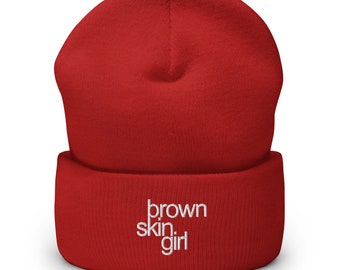 Brown Skin Girl Knit Cap Cuffed Beanie Hat Embroidered