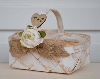 Shabby chic flower girl basket, burlap flower girl basket, country wedding, rustic wedding basket, boho wedding decor, barn wedding, vintage