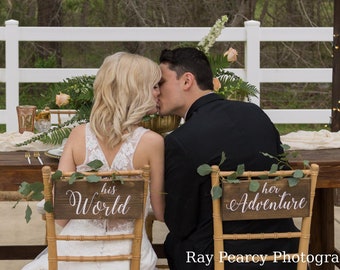 Travel Wedding Chair Signs Destination Wedding Sign His World Her Adventure Chair Signs Bride And Groom Sign Sweetheart Table Decor