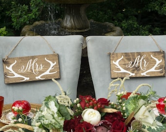 Boho Wedding Chair Signs Woodland Wedding Sign Antler Chair Signs Bride And Groom Sign Sweetheart Table Decor Mr and Mrs Wood Signs