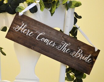 Here Comes The Bride Sign, Wood Wedding Sign, Wood Ring Bearer Sign, Rustic Wedding Decor, Daddy Here Comes Mommy