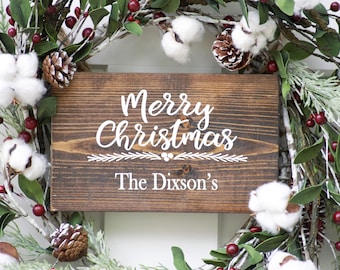 Rustic Christmas Wreath Sign Personalized Christmas  Sign Merry Christmas Sign Family Name Sign Farmhouse Christmas Decor Door Hanger