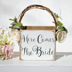 Here Comes The Bride Flower Girl Basket Eucalyptus Greenery Wedding Wood Flower Girl Basket Flower Girl Box Rustic Flower Girl Bucket