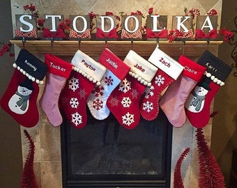 Personalized Stocking Holder, Wooden Stocking Holder For Mantle Top, Rustic Christmas Decor, Stocking Label, Stocking Hanger, Stocking Hooks