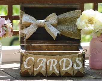 rustic card box for wedding, burlap wedding card box, shabby chic card holder, wooden chest, burlap banner, barn reception decor baby shower