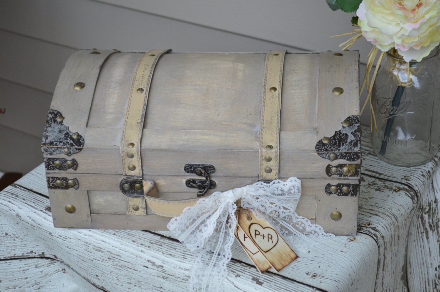Shabby chic card box yellow and gray wedding card box Etsy