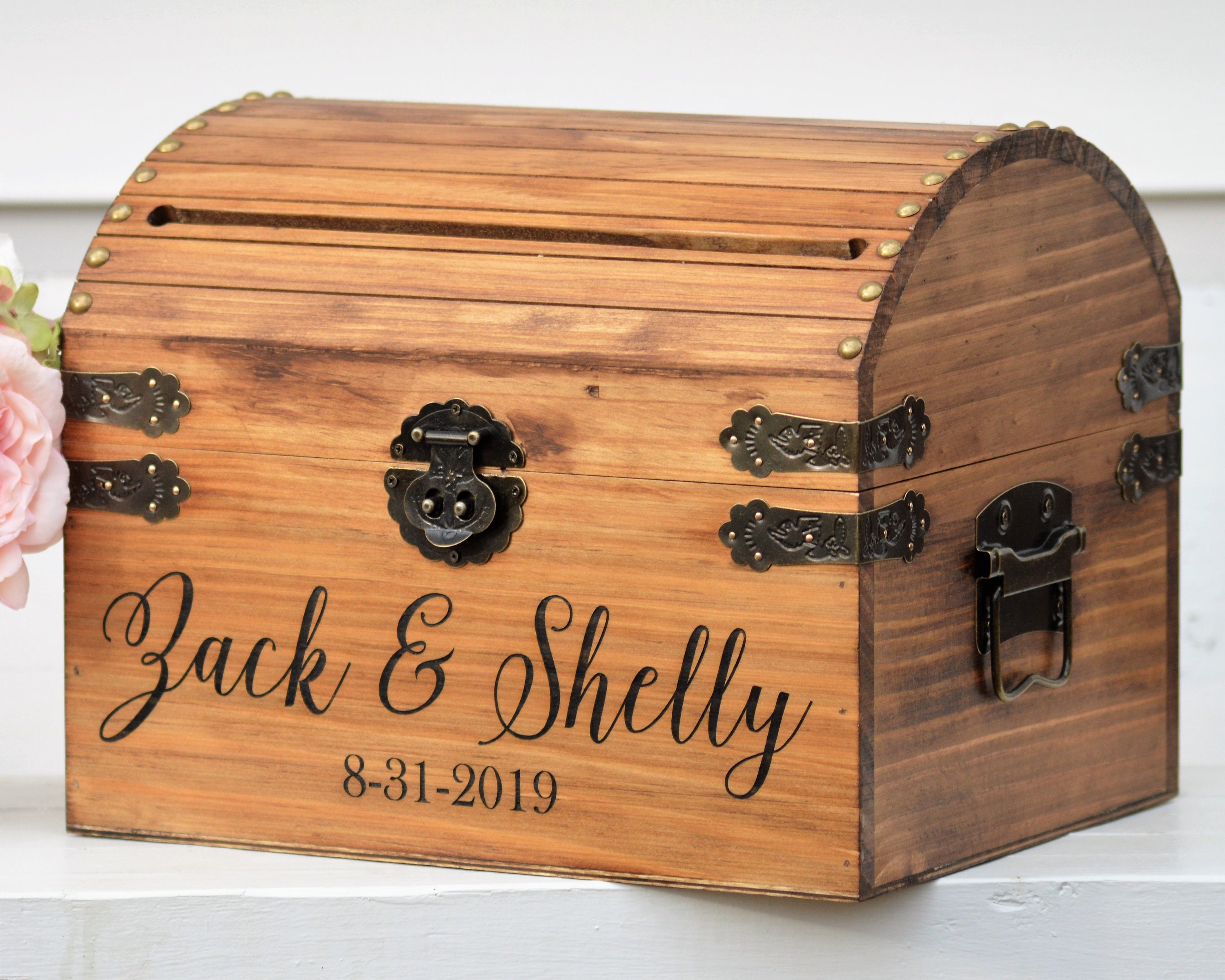 Rustic Wooden Wedding Card Box with Lock and Arched Small Sign EWBA002