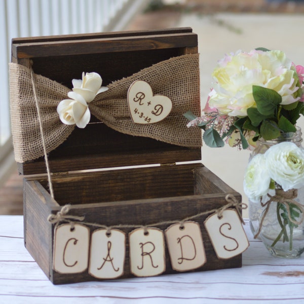 personalized rustic card box, burlap wedding reception card box