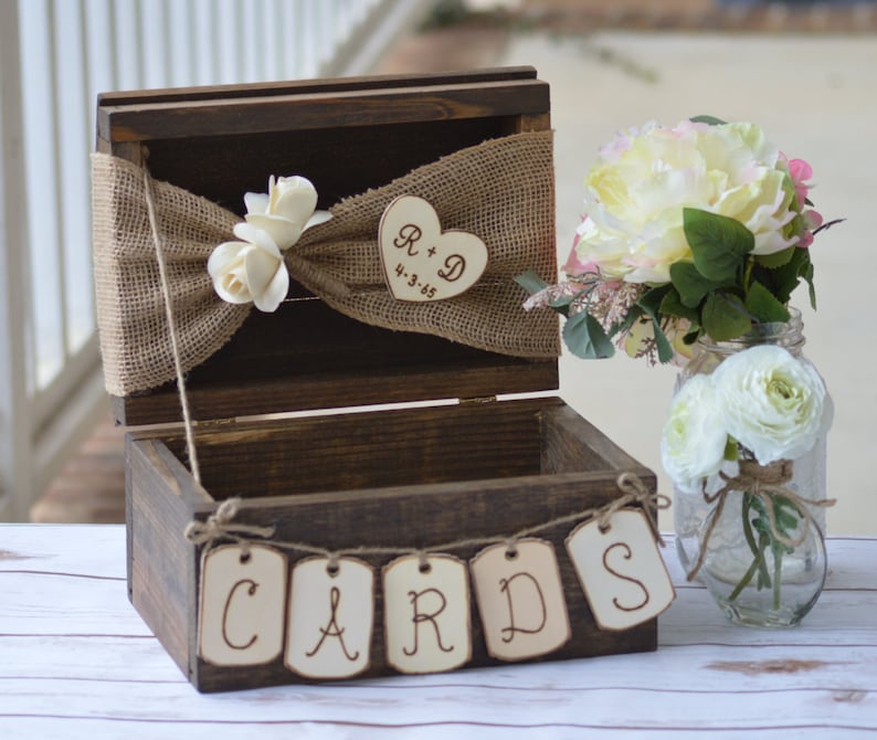 personalized rustic card box, burlap wedding reception card box image 1