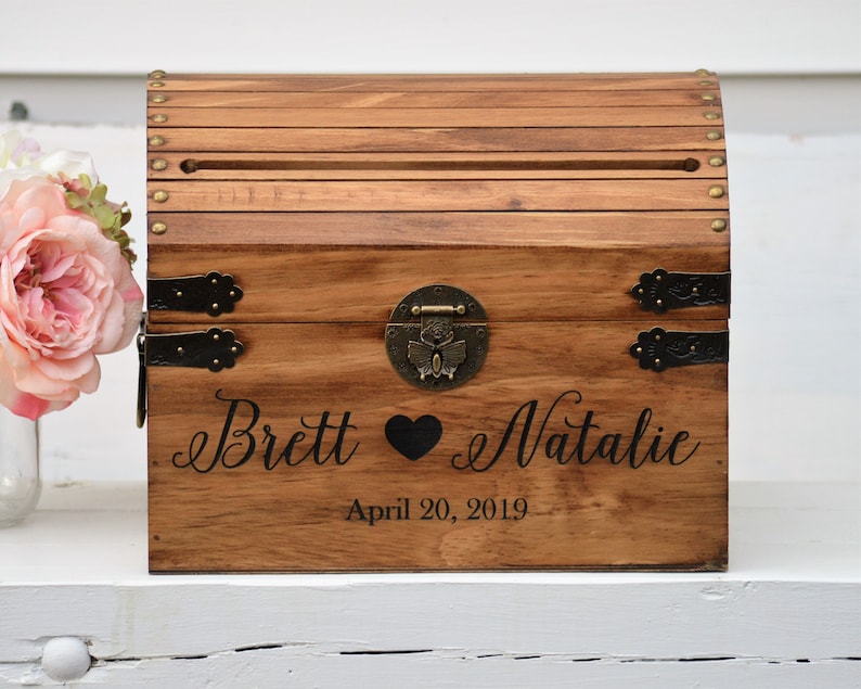 Personalized Wedding Card Box Rustic Card Box With Slot Wood Card Box With Lock Option Wedding Keepsake Chest Custom With Heart image 1