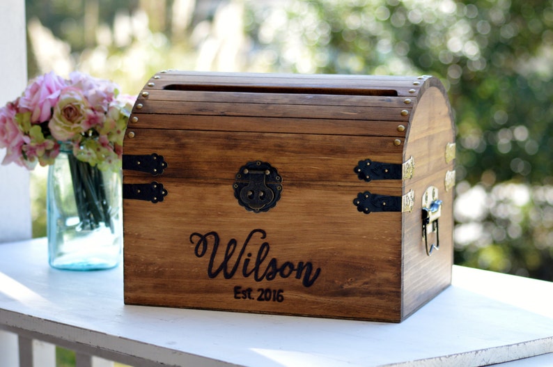 Wedding Card Box Wood Wedding Card Box With Slot 5th Anniversary Gift Wedding Memory Chest, Custom Keepsake Trunk Personalized image 5