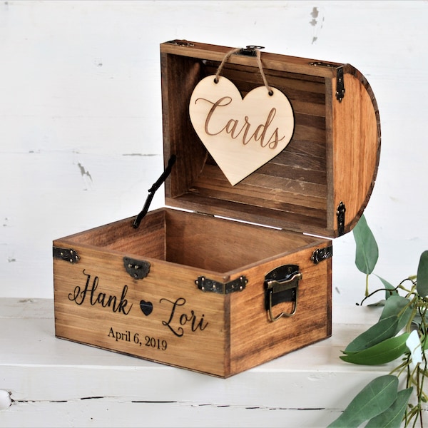 Caja de madera para tarjetas con pancarta de tarjetas, soporte personalizado para tarjetas de boda, baúl de recuerdos personalizado