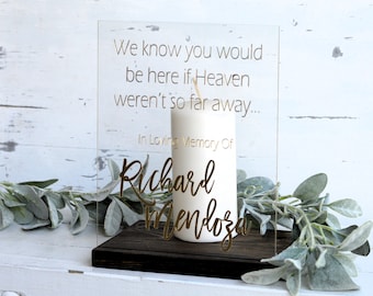 May include: A memorial candle holder with a clear acrylic panel inscribed with the words "We know you would be here if Heaven weren't so far away..." and "In Loving Memory Of Richard Mendoza." A white candle sits on a dark wooden base.