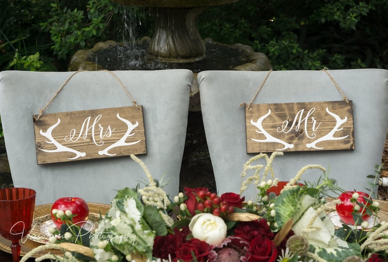 Boho Wedding Chair Signs Woodland Wedding Sign Antler Chair Signs Bride And Groom Sign Sweetheart Table Decor Mr And Mrs Wood Signs