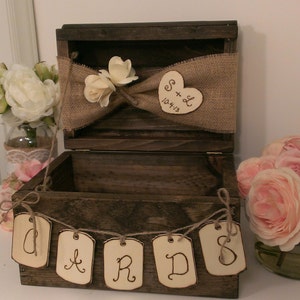 personalized rustic card box, burlap wedding reception card box image 2