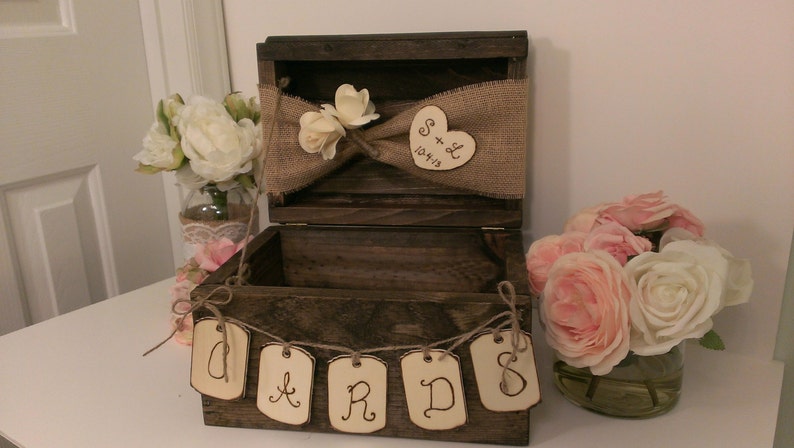 personalized rustic card box, burlap wedding reception card box image 2