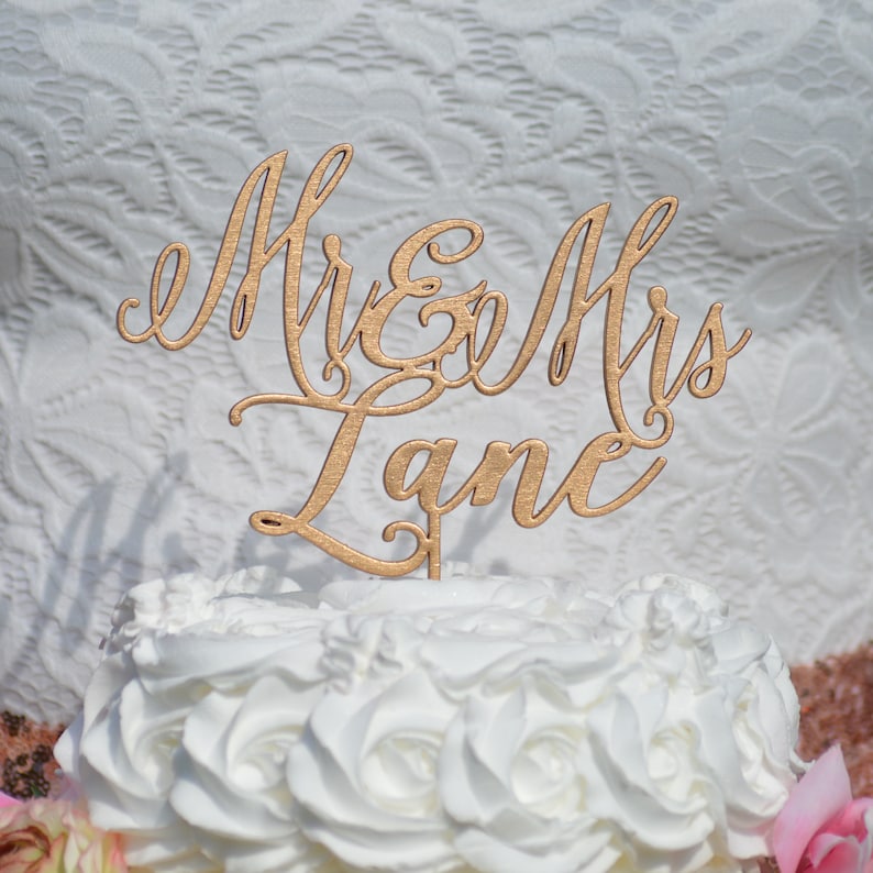 Gold Cake Topper Mr And Mrs, Last Name Cake Topper, Custom Wedding Cake Topper, Personalized Toppers, Family Name Toppers image 4