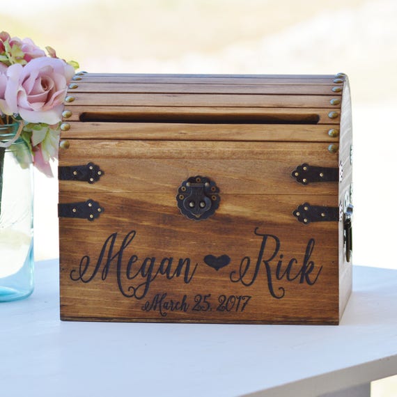 Personalized Keepsake Wood Box Wedding Cards Chest First and Last Name with Date and Wreath Accent Design