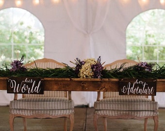 Travel Wedding Chair Signs Destination Wedding Sign, His World Her Adventure Chair Signs, Bride And Groom Sign, Sweetheart Table Decor