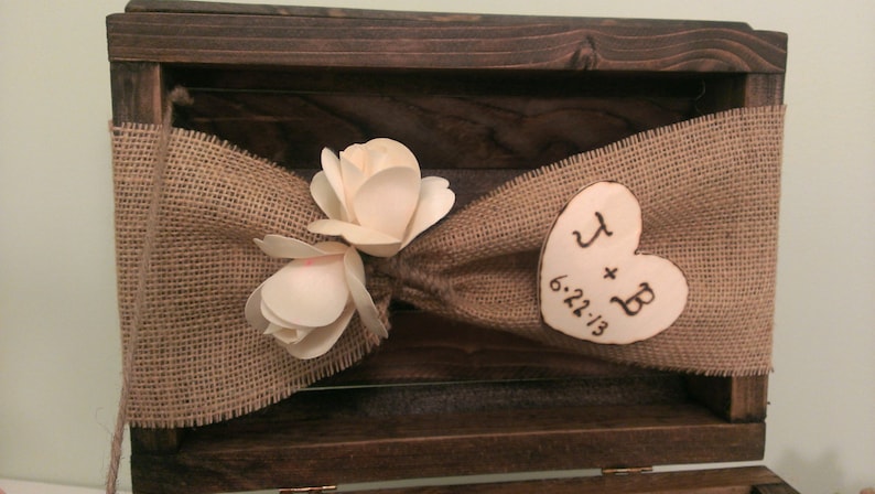 personalized rustic card box, burlap wedding reception card box image 4