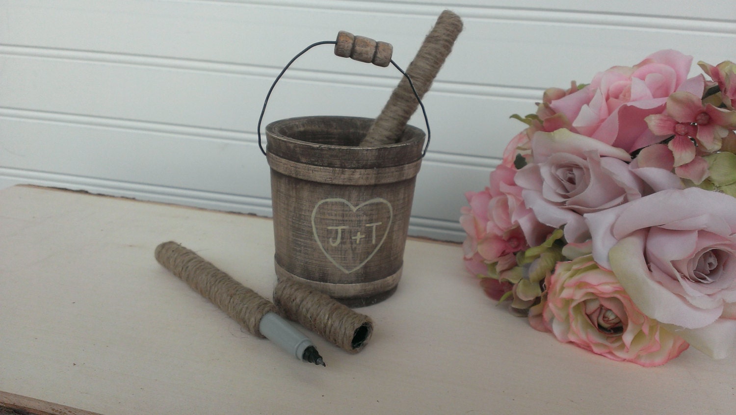 rustic wedding pen holder and 2 pens custom colors burlap Etsy