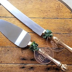 Gold Cake Knife Set Gold Wedding Cake Knife Acrylic Wedding Cake Knife Greenery Wedding Cake Server Set Rustic Wedding Cake Knife And Server image 1