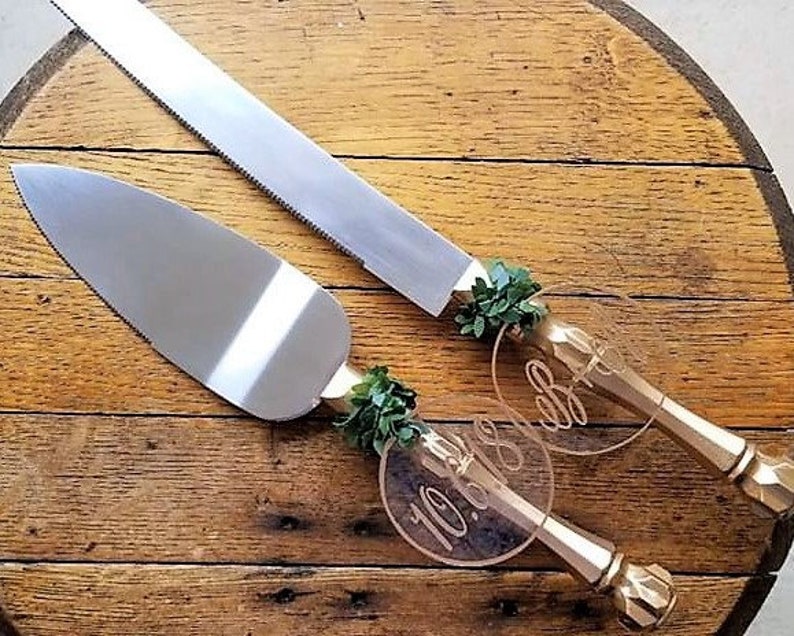 Gold Cake Knife Set Gold Wedding Cake Knife Acrylic Wedding Cake Knife Greenery Wedding Cake Server Set Rustic Wedding Cake Knife And Server image 1