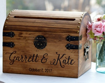 Wooden Card Box, Rustic Card Box With Slot, Bridal Shower Card Holder Wedding Keepsake Chest Custom Keepsake Trunk Shabby Chic Wedding CT001