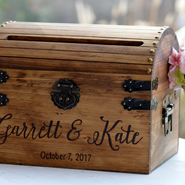 Wooden Card Box, Rustic Card Box With Slot, Bridal Shower Card Holder Wedding Keepsake Chest Custom Keepsake Trunk Shabby Chic Wedding CT001