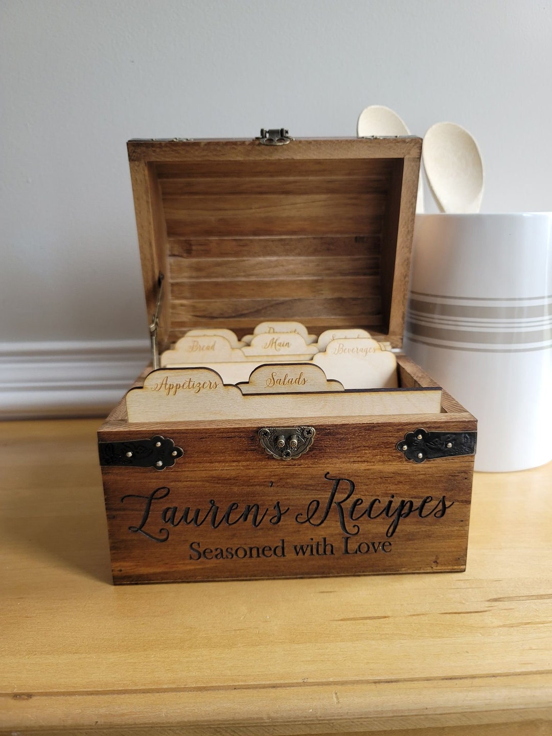 Wood Recipe Box With Dividers Personalized Recipe Box 4x6 Cards