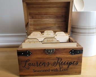 Wood Recipe Box With Dividers Personalized Recipe Box 4x6 Cards Farmhouse Kitchen Decor For Bridal Shower With Lid Pantry Organization