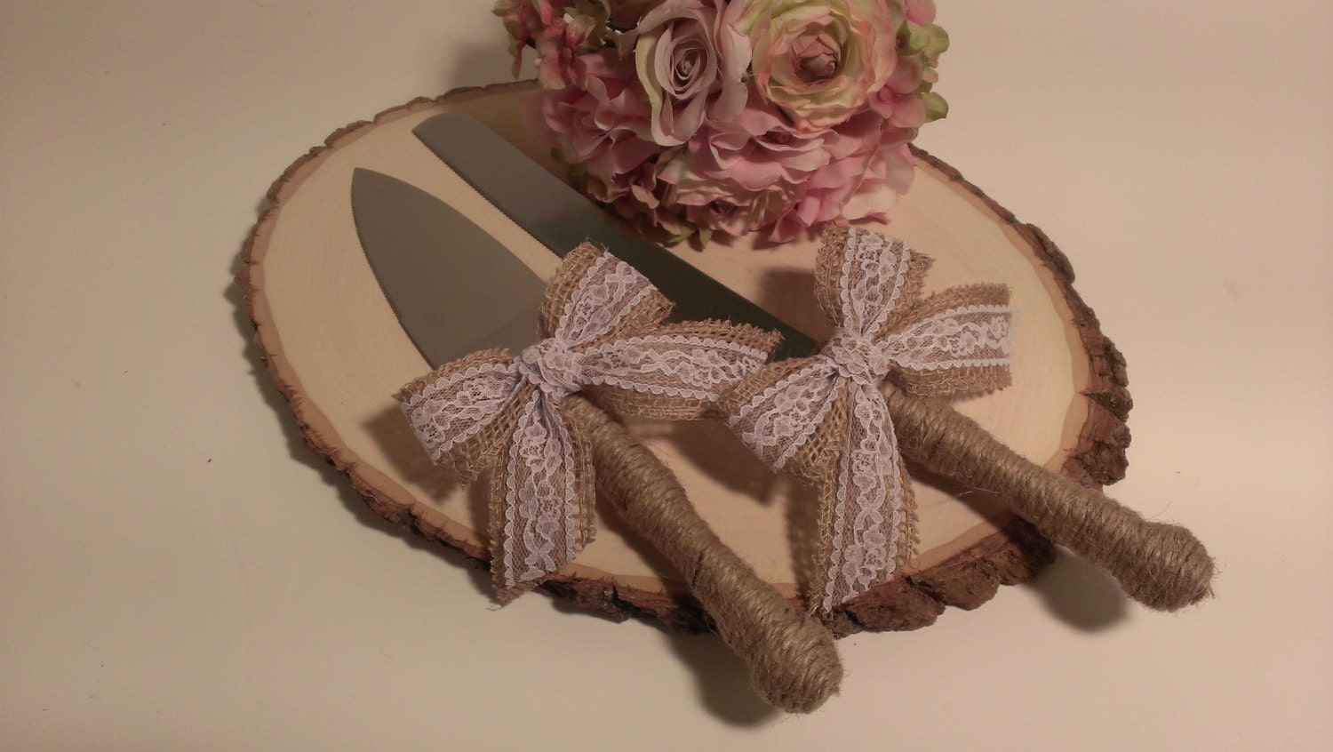 Rustic Cake Knife Burlap and Lace Wedding Cake Serving Set Etsy