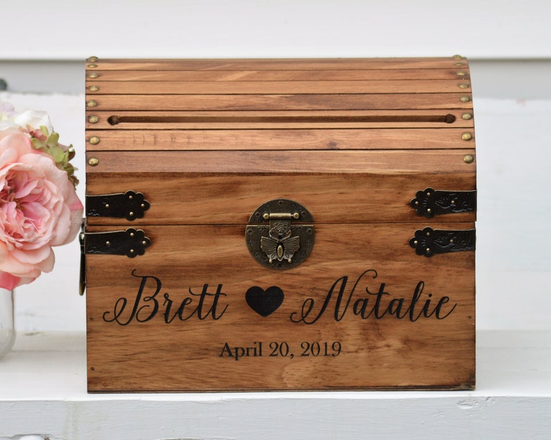 Personalized Wedding Card Box Rustic Card Box With Slot Wood Card Box With Lock Option Wedding Keepsake Chest Custom With Heart image 2