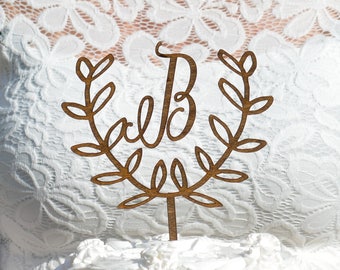 Rustic Cake Topper, Initial Cake Topper, Wooden Cake Topper,  Laurel Wreath Wedding Decor, Custom Cake Decor, Country Wedding Reception