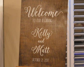 Boho boda bienvenida signo ideas, bienvenido a nuestra boda, signos de bienvenida de la boda rústica, signo de boda personalizado, signo de recepción