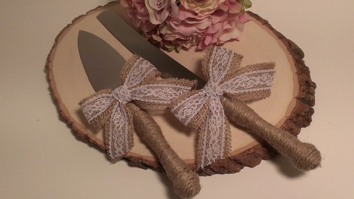 Rustic Cake Knife Burlap and Lace Wedding Cake Serving Set Etsy