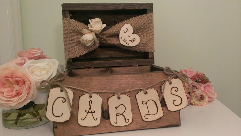 personalized rustic card box, burlap wedding reception card box image 3