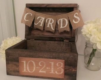 rustic card box, wood card box country wedding decor, burlap wedding banner, rustic wedding card box