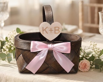 Flower Girl Basket With Pink Bow Personalized Flower Girl Basket With Satin Bow For Wedding Flower Girl Gift Choice of Colors Wedding Basket