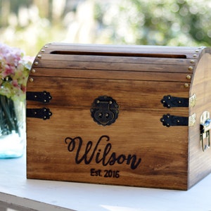 Wedding Card Box Wood Wedding Card Box With Slot 5th Anniversary Gift Wedding Memory Chest, Custom Keepsake Trunk Personalized image 1