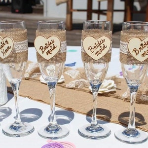 Bridesmaids gifts, country wedding party glasses, personalized wedding party gifts, groomsmen gifts, champagne flutes, toasting flutes