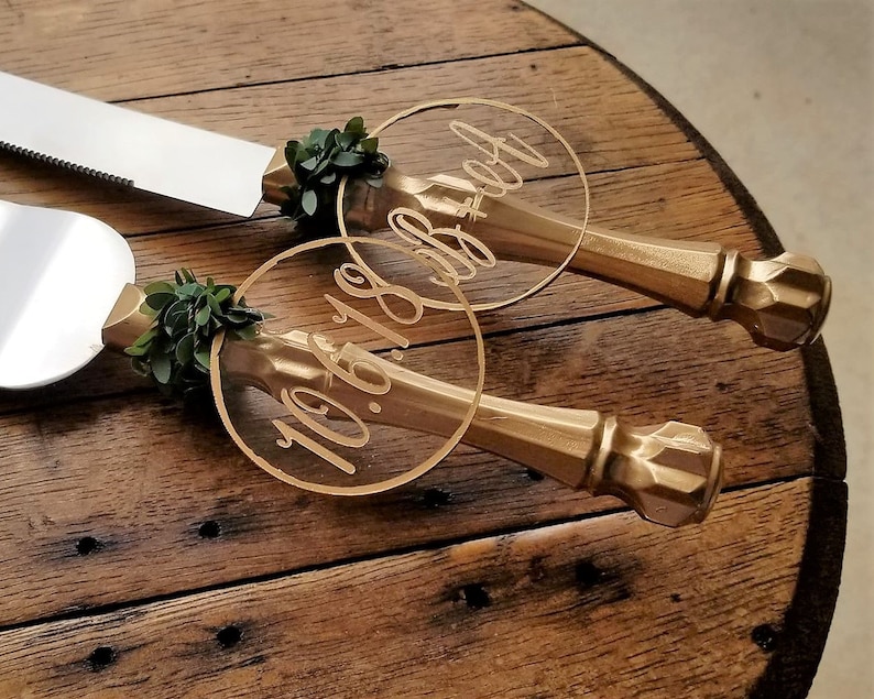 Gold Cake Knife Set Gold Wedding Cake Knife Acrylic Wedding Cake Knife Greenery Wedding Cake Server Set Rustic Wedding Cake Knife And Server image 2