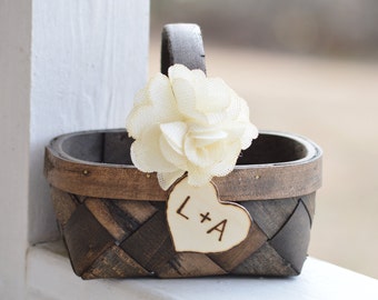 Shabby chic wedding flower girl basket, burlap flower girl basket, woodland wedding, rustic wedding B101