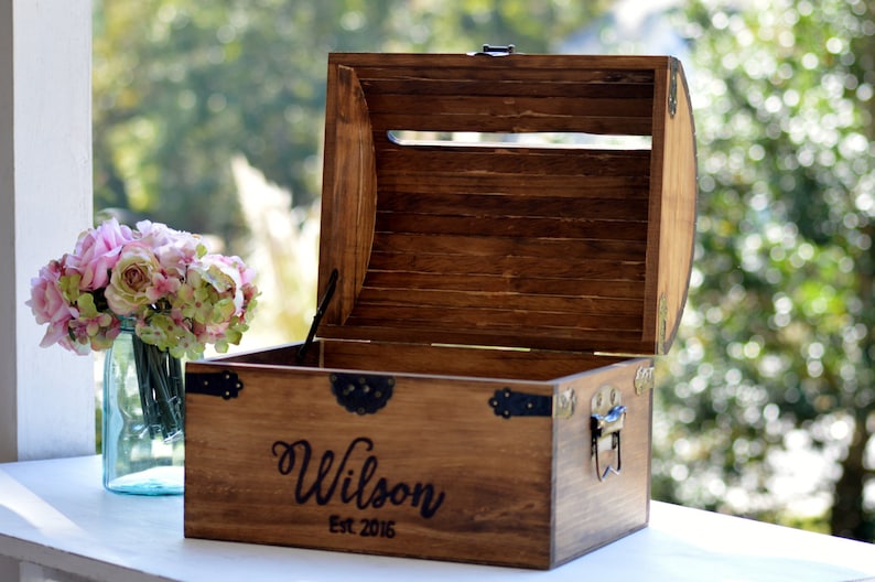 Wedding Card Box Wood Wedding Card Box With Slot 5th Anniversary Gift Wedding Memory Chest, Custom Keepsake Trunk Personalized image 6