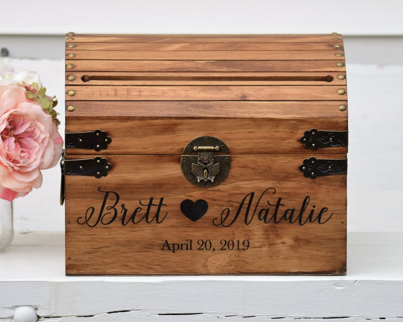 Personalized Wedding Card Box Rustic Card Box With Slot Wood Card Box With Lock Option Wedding Keepsake Chest Custom With Heart image 6